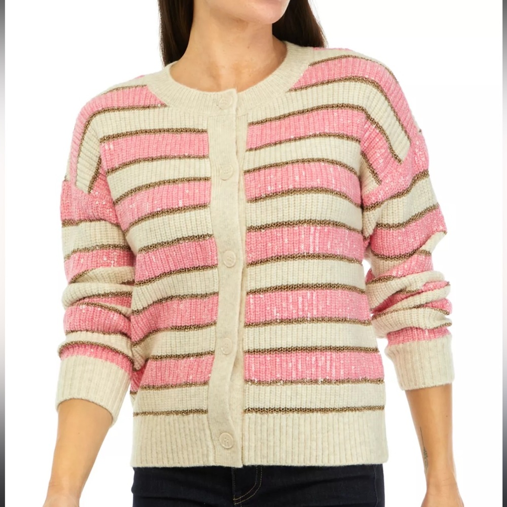Crown & Ivy Stripe Holiday Shine Cardigan Sweater Size Small